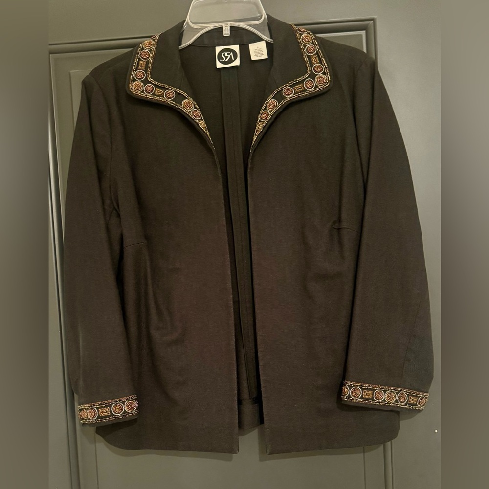 Saks Fifth Ave (S5A) Linen blazer jacket 3/4 length sleeve bead embellished sz 8